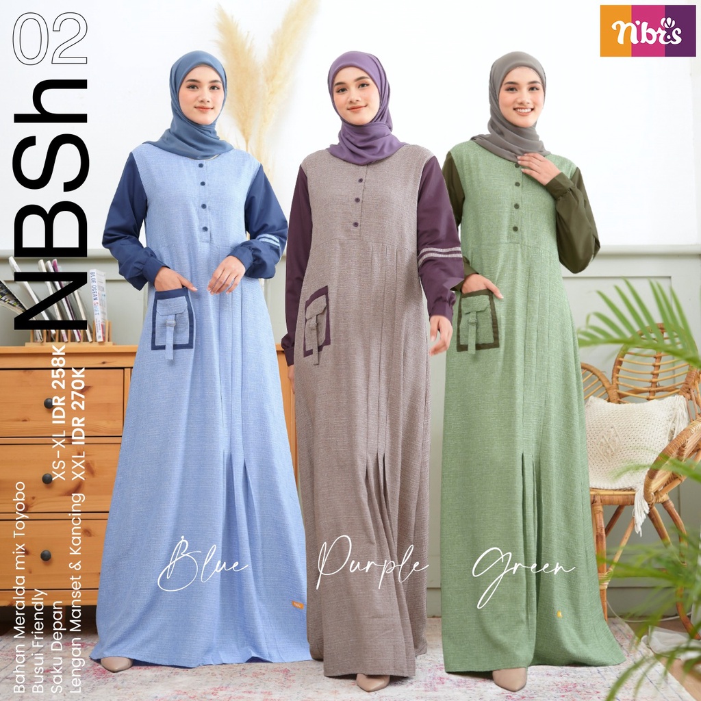 Nibras Gamis NBSh 02 Bahan Meralda mix Toyobo Dress Muslimah Simpel Kekinian