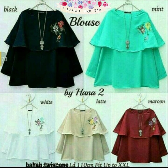 baju muslim wanita atasan blouse blus kemeja hem tunik hana jumbo big - Navy