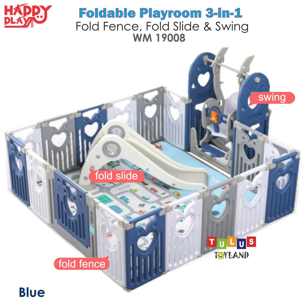 Pagar Perosotan Happy Play Foldable Playroom 3 in 1 Fold Fence Slide Swing WM 19008 Pagar Bayi 3in1