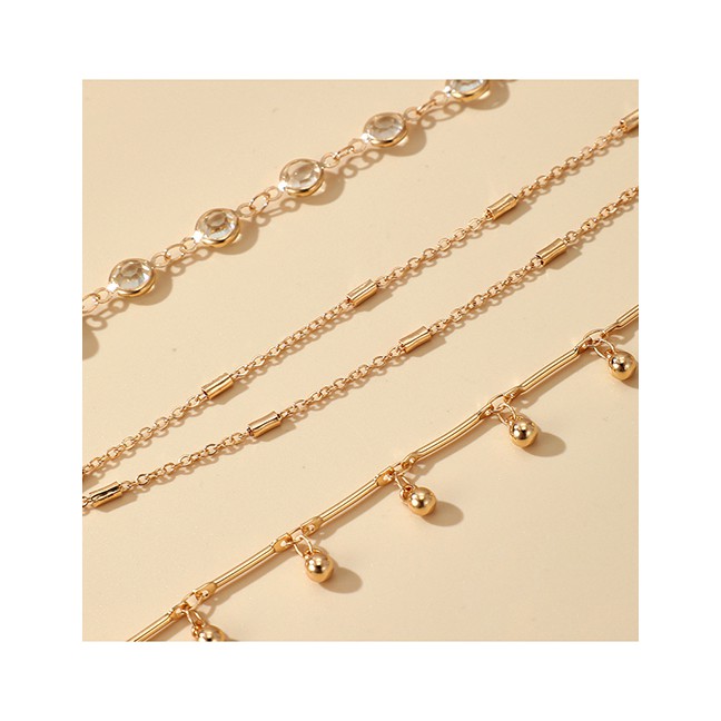 LRC Gelang Tangan Fashion Gold Color Rhinestone Bell Pendant Alloy Anklet Set P14825