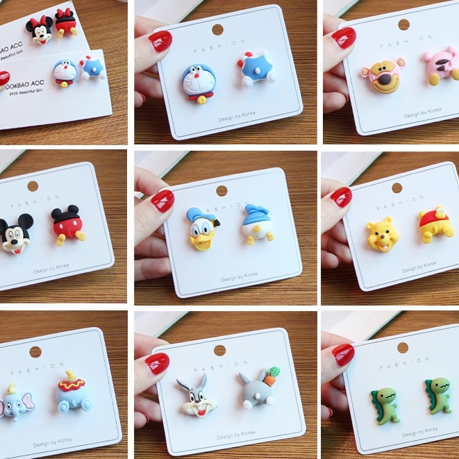 Anting Tusuk silver needle resin Asimetris 11 Model Hewan Mickey Bear Dinosaurus Untuk Anak Perempuan