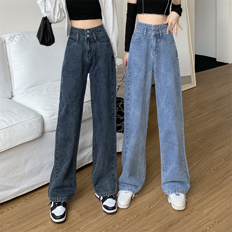 Celana panjang wanita baru slim-fit high-waist straight-leg jeans（Two buttons）