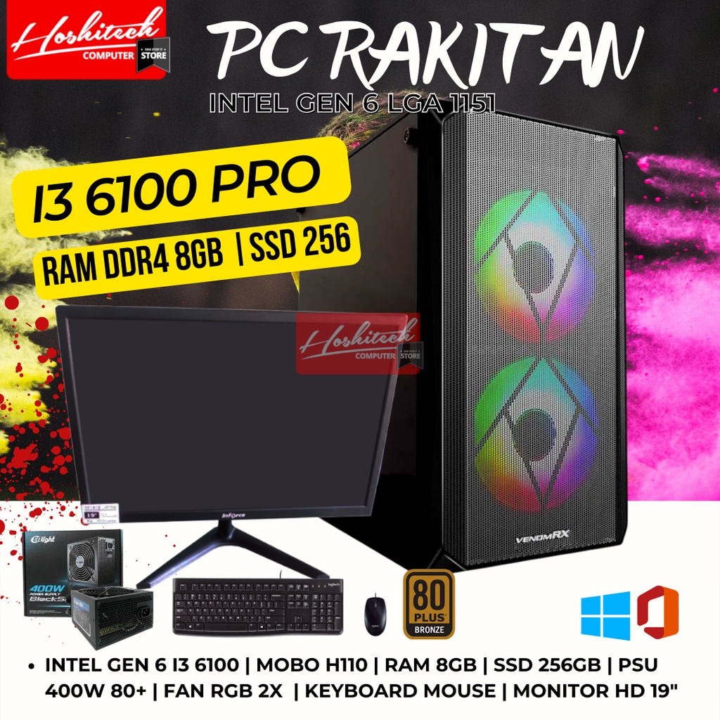 PC RAKITAN KANTOR SEKOLAH I3 DDR4 8GB SSD 256GB MONITOR 19 INCH