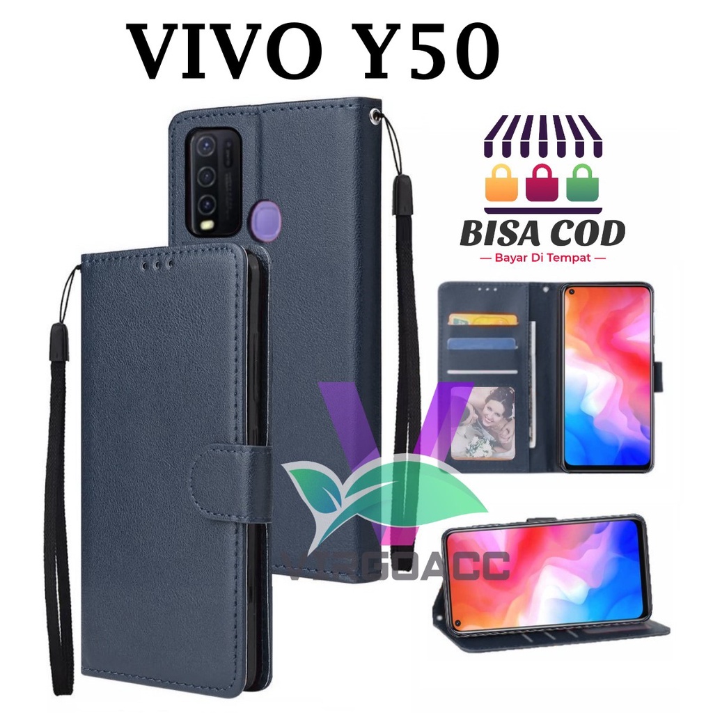 LEATHER FLIP CASE UNTUK VIVO Y50 - FLIP COVER DOMPET CASING-WALLET LEATHER CASE FLIP SARUNG BUKU FLI