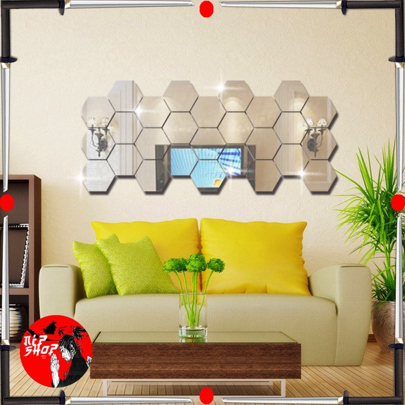 Sticker Dekorasi Dinding Hexagon Mirror Acrylic 7 PCS