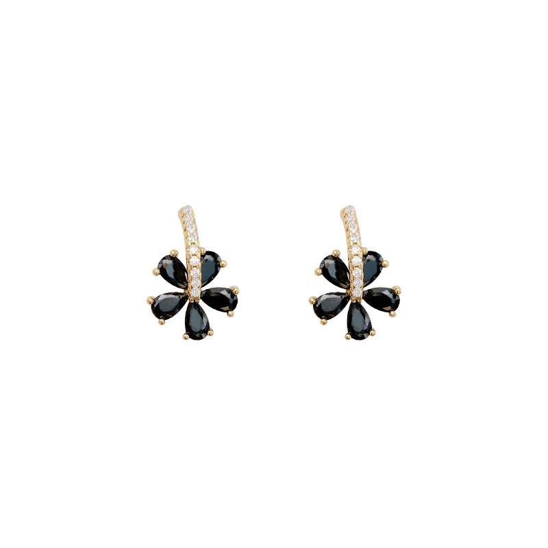 Anting Stud Desain Bunga Kristal Hitam Bahan S925 Silver Needle