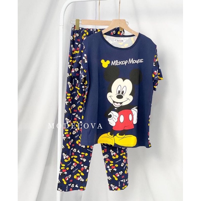 MDLV ~ Baju Tidur Set Mickey CP Motif Navy Baju Tidur Dewasa Set Piyama Dewasa Fashion import