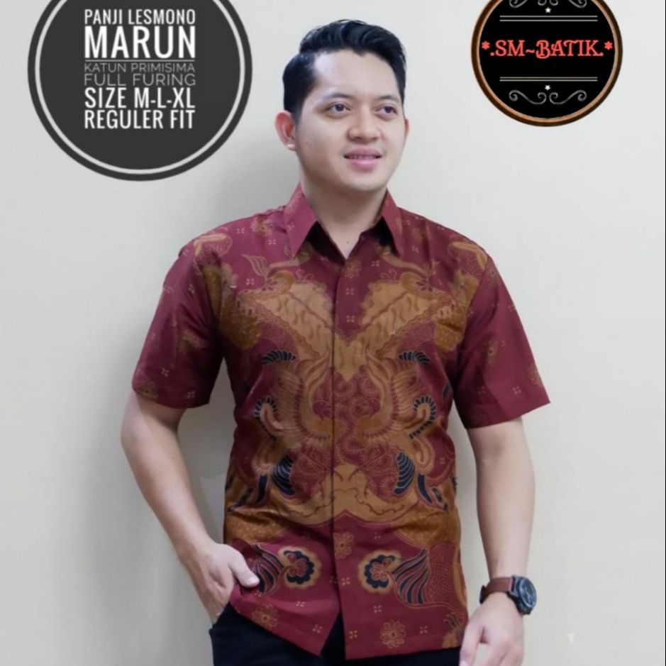 Baju Batik Pendek Warna Marun PANJI LESMONO Hem Batik Pria Batik Lengan Pendek Lapis Furing