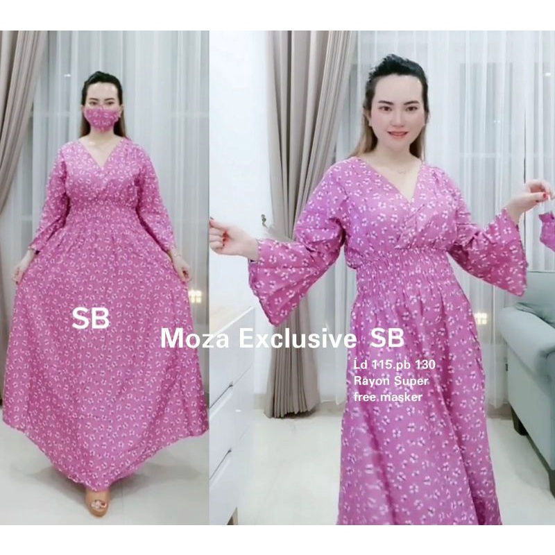 Daster Moza Lengan Lonceng/terompet, Dress Moza lengan panjang free masker