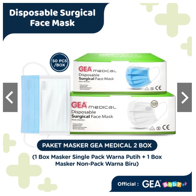 GEA MEDICAL SURGICAL MASK 3PLY SINGLE PACK OR NON PACK MAKER WAJAH