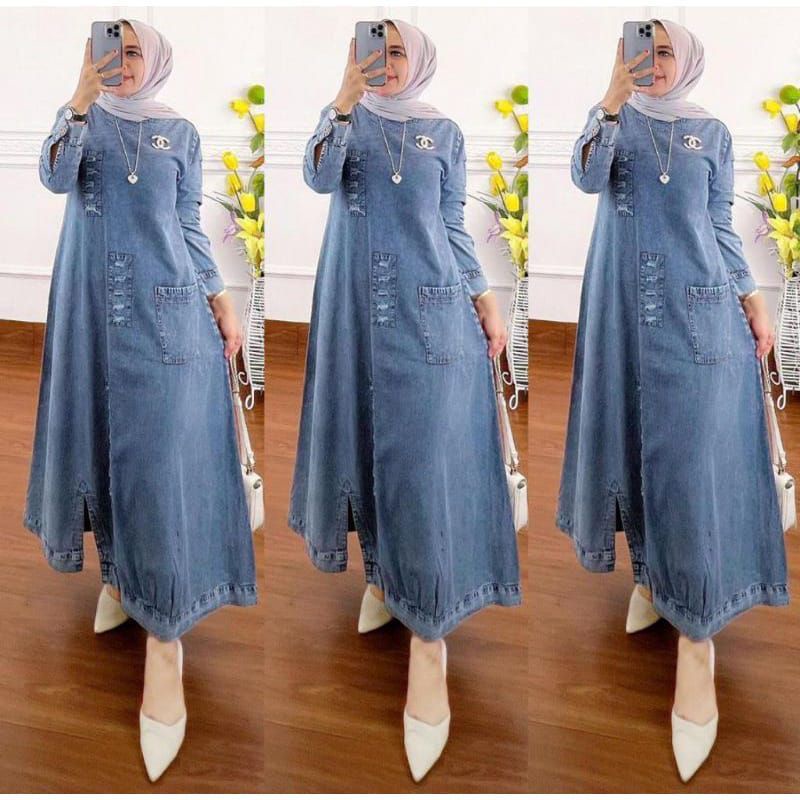 DRESS MUSLIM, baju wanita, baju gamis, dress, gamis, Baju gamis jeans,   fashion wanita, Ghaitsa midi
