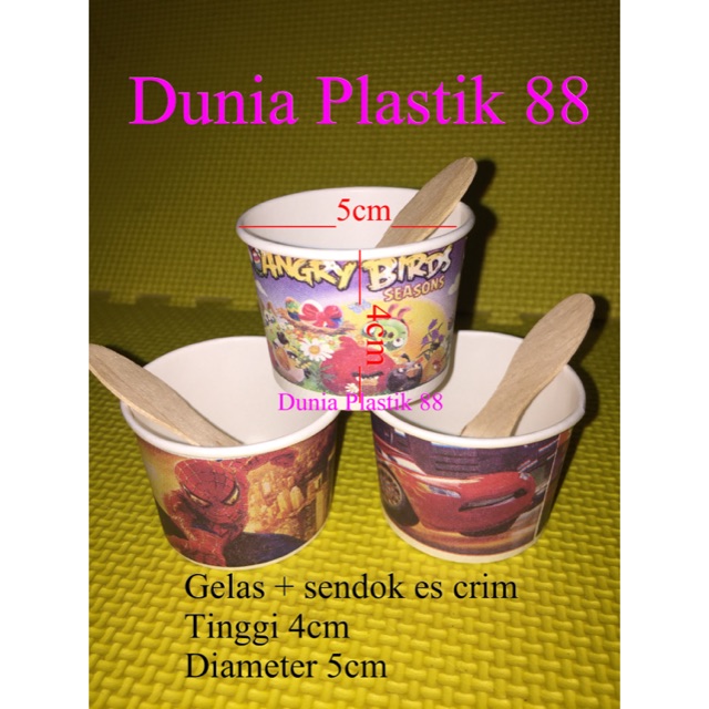 @50pc 50ml gelas kertas PAPER CUP K motif kartun  + spoon sendok es ice crim cream krim TANPA TUTUP