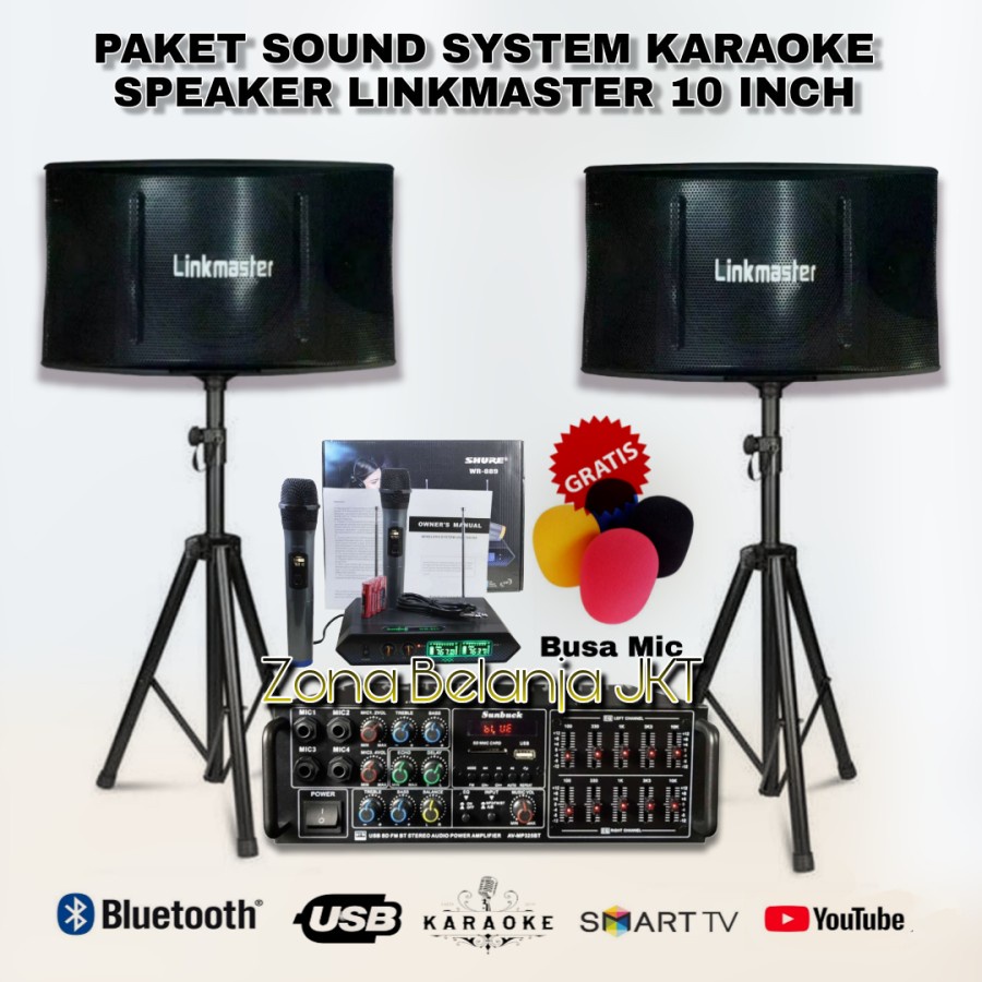 PAKET KARAOKE SOUND SYSTEM LINKMASTER SPEAKER 10 INCH AMPLI USB BLUETOOTH MIC WIRELESS KARAOKE RUMAHAN SIAP PAKAI (LW-1)