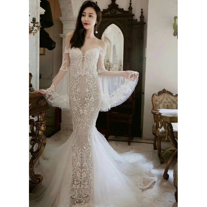 Mermaid Wedding Dress   brocade dengan lengan panjang wedding gown  brocade wedding gown white