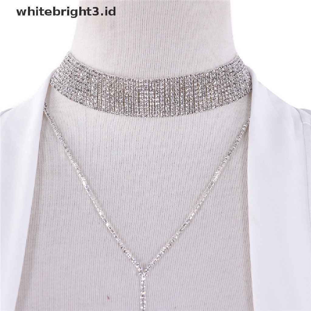 (whitebright3.id) Kalung Choker Rantai Dengan Liontin Berlian Imitasi Untuk Wanita