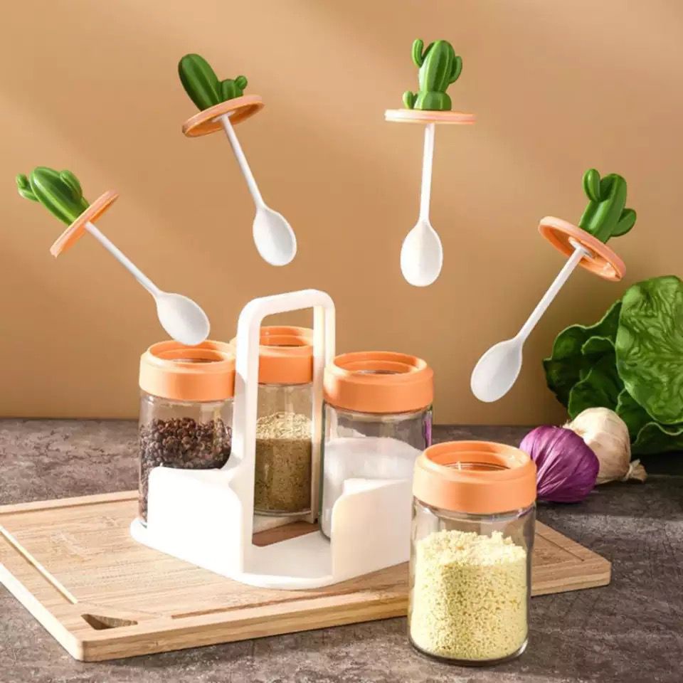 VS BG - Set 4pcs+Holder Botol Bumbu Kaca Sendok Handle Kaktus Tempat Bumbu Dapur Rempah Garam