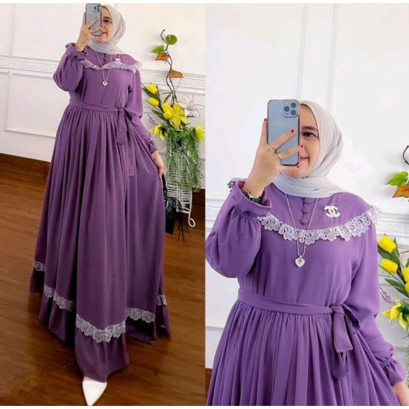 Gamis Terbaru 2022 Ceruty Babydoll Aksen Renda Baju Kondangan Wanita Gamis Pesta Mewah Elegan Long Dress Muslim Naraya Dress