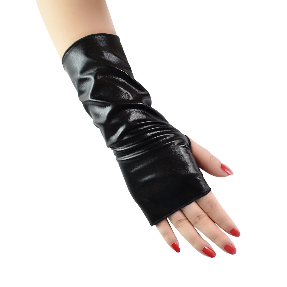 LTX-07 sarung tangan latex setengah jari polos hitam kilap hip hop short half finger gloves