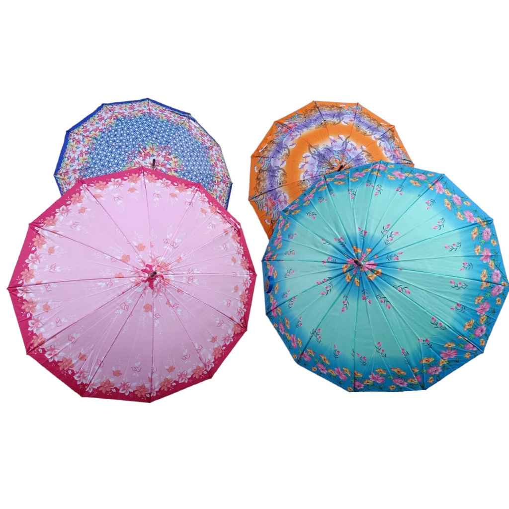 Payung 12 Jari Satin Saten Besar Standar Motif Bunga Kembang Umbrella Kuat Anti Hujan UV Lucu Warna / PAYUNG MURAH