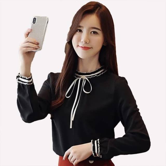 DJ Blus Putih lengan Panjang Gaya Korea Variasi pita Leher - Josephine Putih - Bloes Lengan Panjang