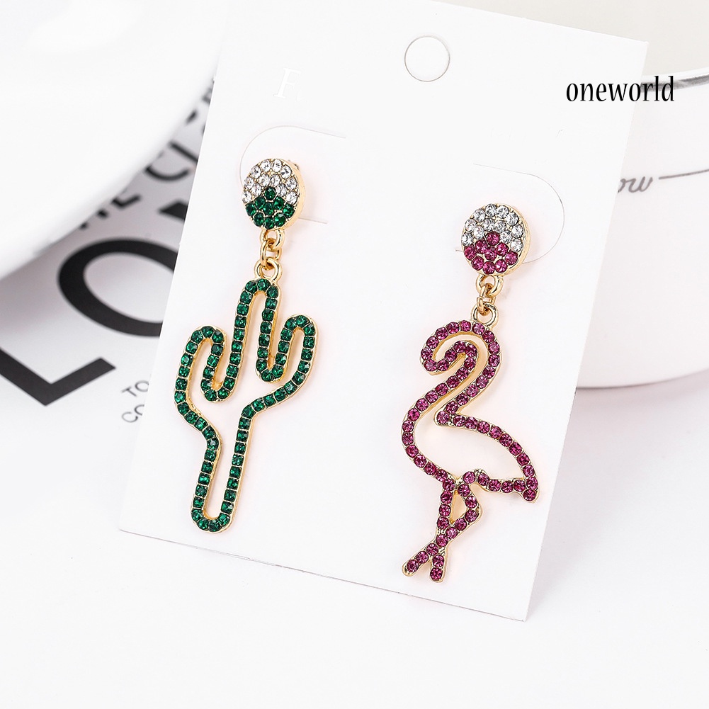 OW# Women Hollow Rhinestone Cactus Flamingo Dangle Asymmetric Stud Earrings Jewelry