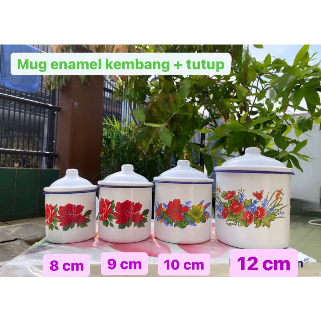 Mug Enamel Seng Kaleng Jadul Kembang Bunga TUTUP 8CM, 9Cm,10CM ,12CM