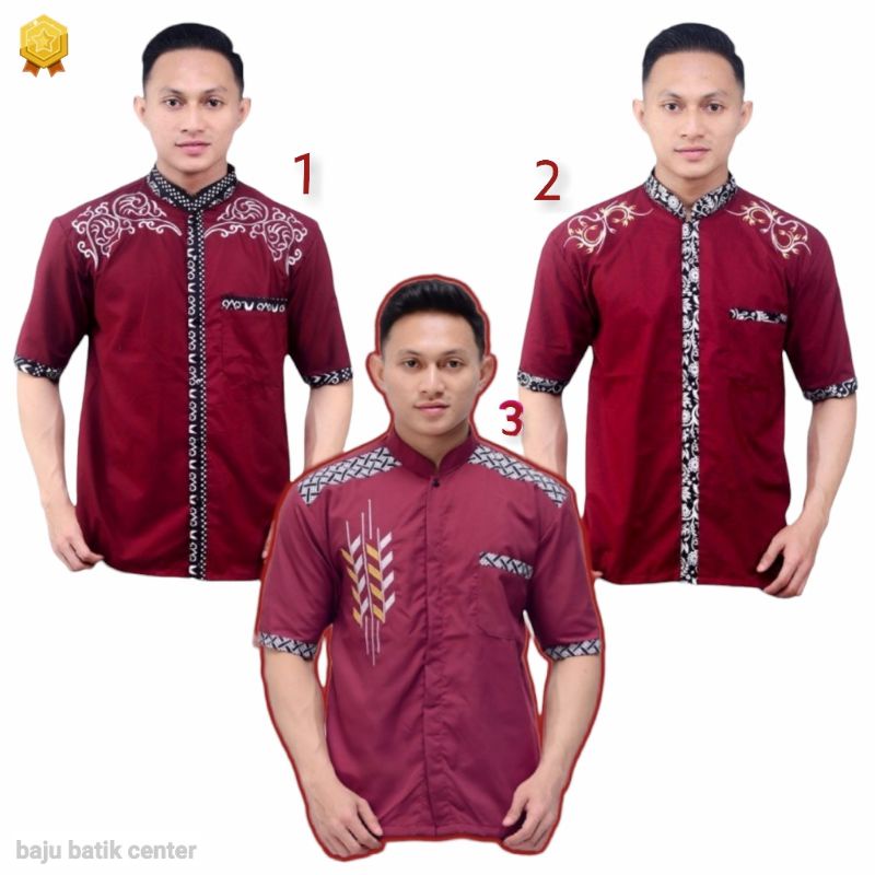 Fashion muslim pria baju koko lengan pendek merah marun bordir kombinasi batik silver Koko Maroon Ba