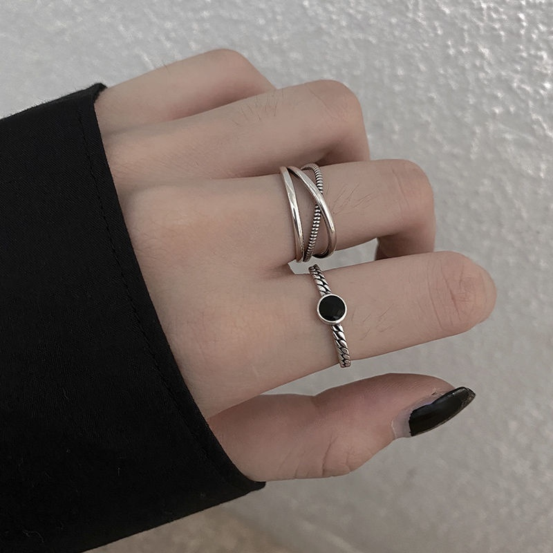 Cincin Wanita Perak 925 Vintage Sederhana Fashion Hitam Enamel Kawin Rings Adjustable Size