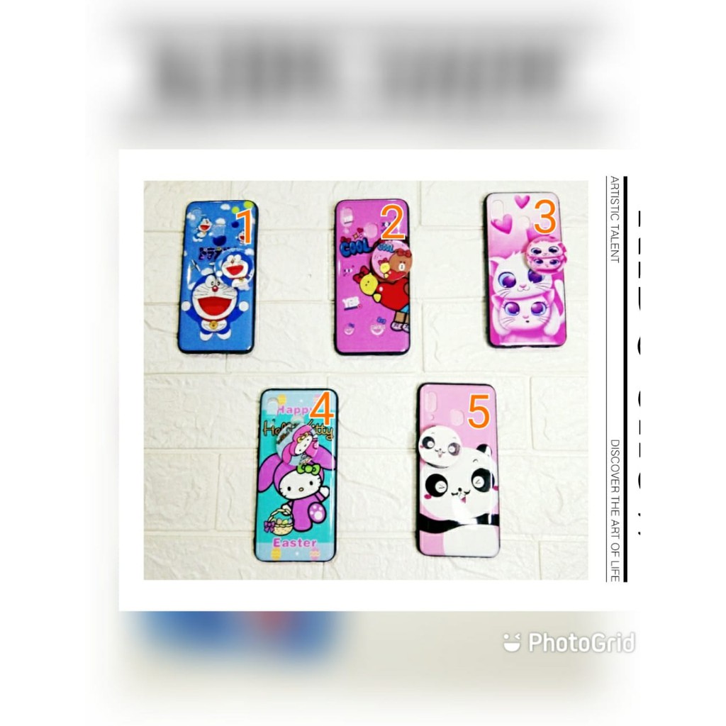 CASE POP SOCKET SAMSUNG A30 MOTIF KARTUN LUCU CUTE DORAEMON PANDA HELLO KITTY