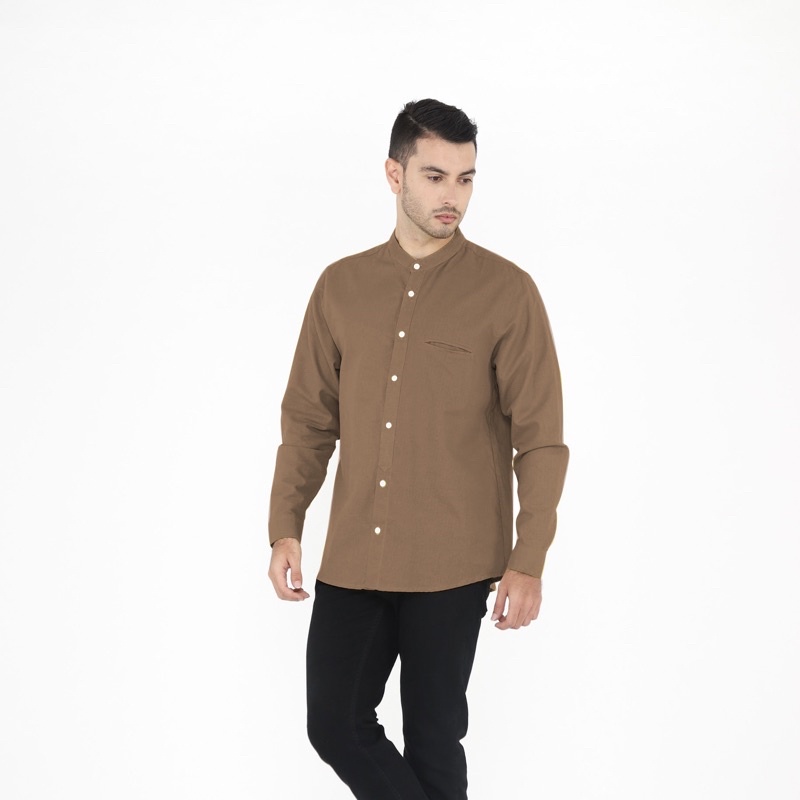 Yobebee Kemeja Pria Dewasa Linen Tangan Panjang Baju Muslim Atasan Polos Slim Fit Kemeja Koko Chiangi Kerah Laki Laki Baju Couple Anak dan Ayah-Brown