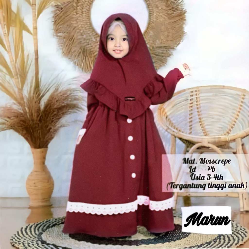 Baju Gamis Anak Perempuan Terbaru Dan Terlaris Bahan Moscrep + Kerudung 1-8 Tahun