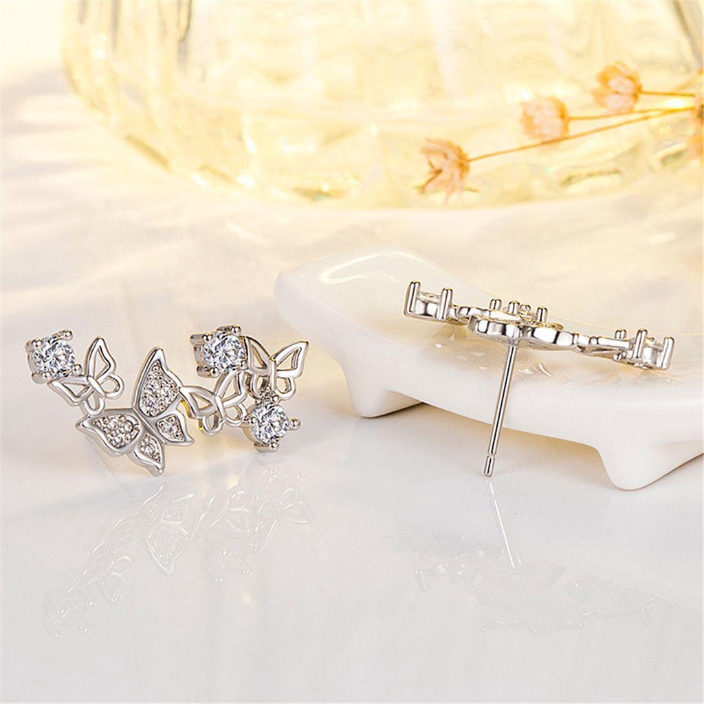 R-flower 2Pcs Butterfly Stud Earrings Fashion Berlian Imitasi Gadis Anting Perak