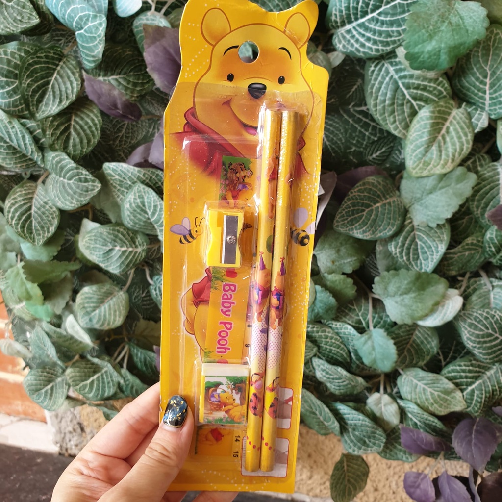 4in1 Set Alat Tulis Pensil + Pengahapus + Rautan  + Penggaris Motif karakter anak Frozen Cars Hellokity Princess Doraemon Mickey Winnie the poohUnicorn Set KADO Sovenir ultah sovenir lebaran kado anak lucu anak sekolah alat tulis anak