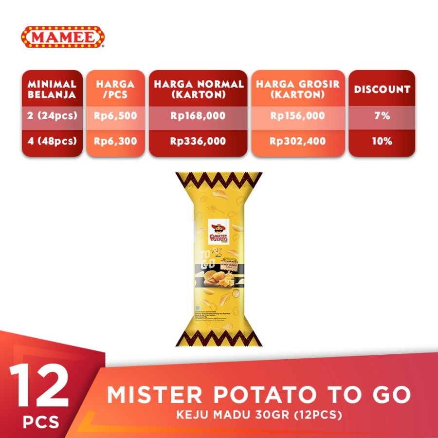 

Mister Potato Crisps TO GO Keju Madu 30gr (12pcs)