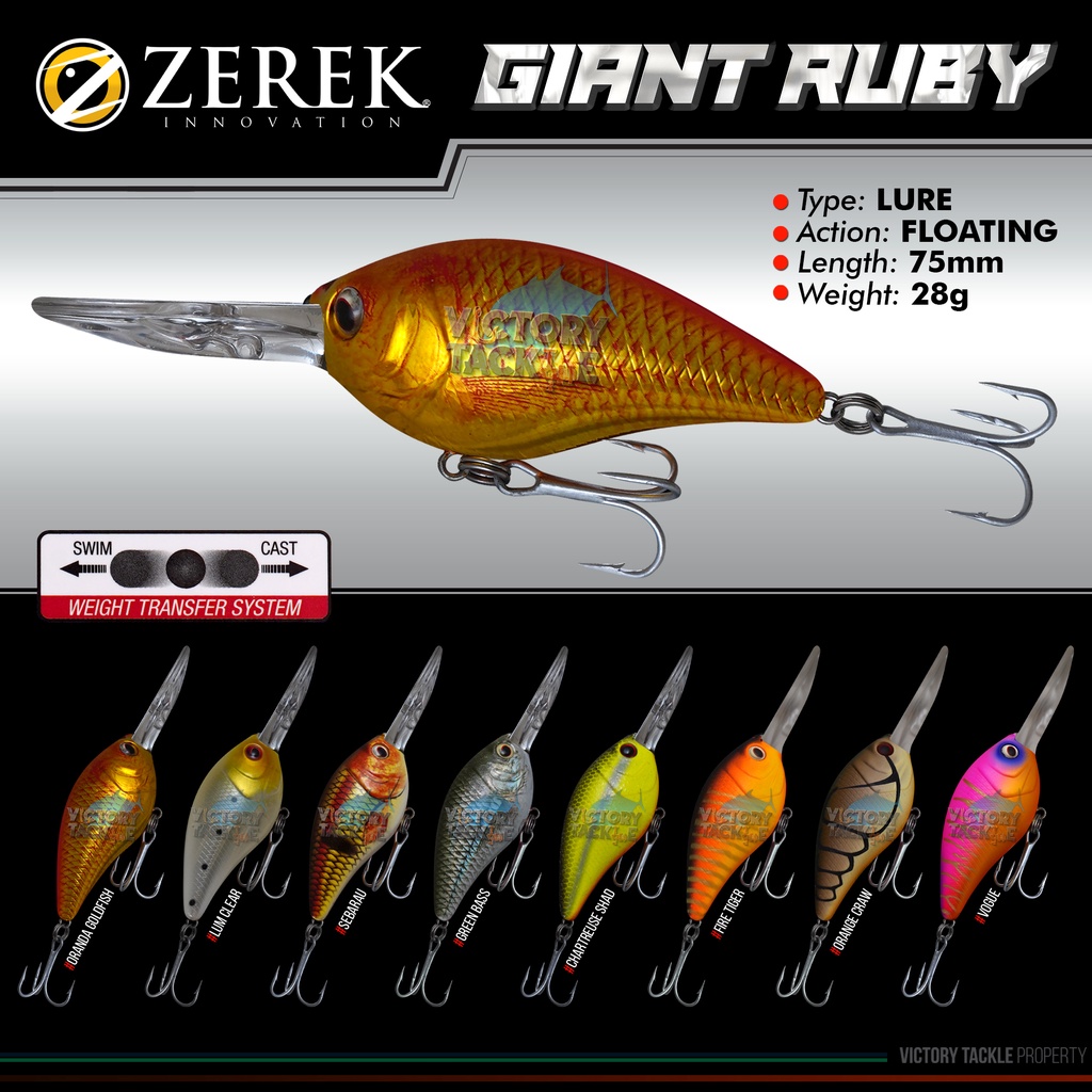 UMPAN PANCING Lure ZEREK GIANT RUBY FLOATING DEEP DIVER 75MM 28 GRAM Minnow