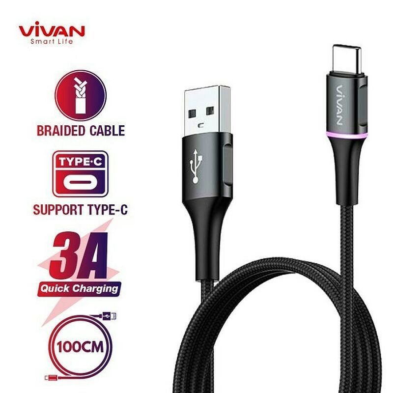 ORIGINAL VIVAN KABEL DATA USB TYPE C QUICK CHARGE 3A 100cm COLOUR LED LIGHT DATA CABLE ANDROID V-DC