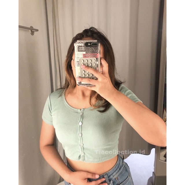 Rib Crop Kancing Lengan Pendek Premium / atasan crop top sweater crop top kancing