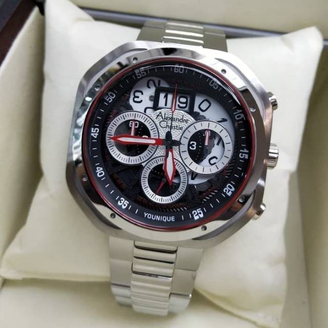 JAM TANGAN PRIA ALEXANDRE CHRISTIE AC 6468 SILVER BLACK ORIGINAL