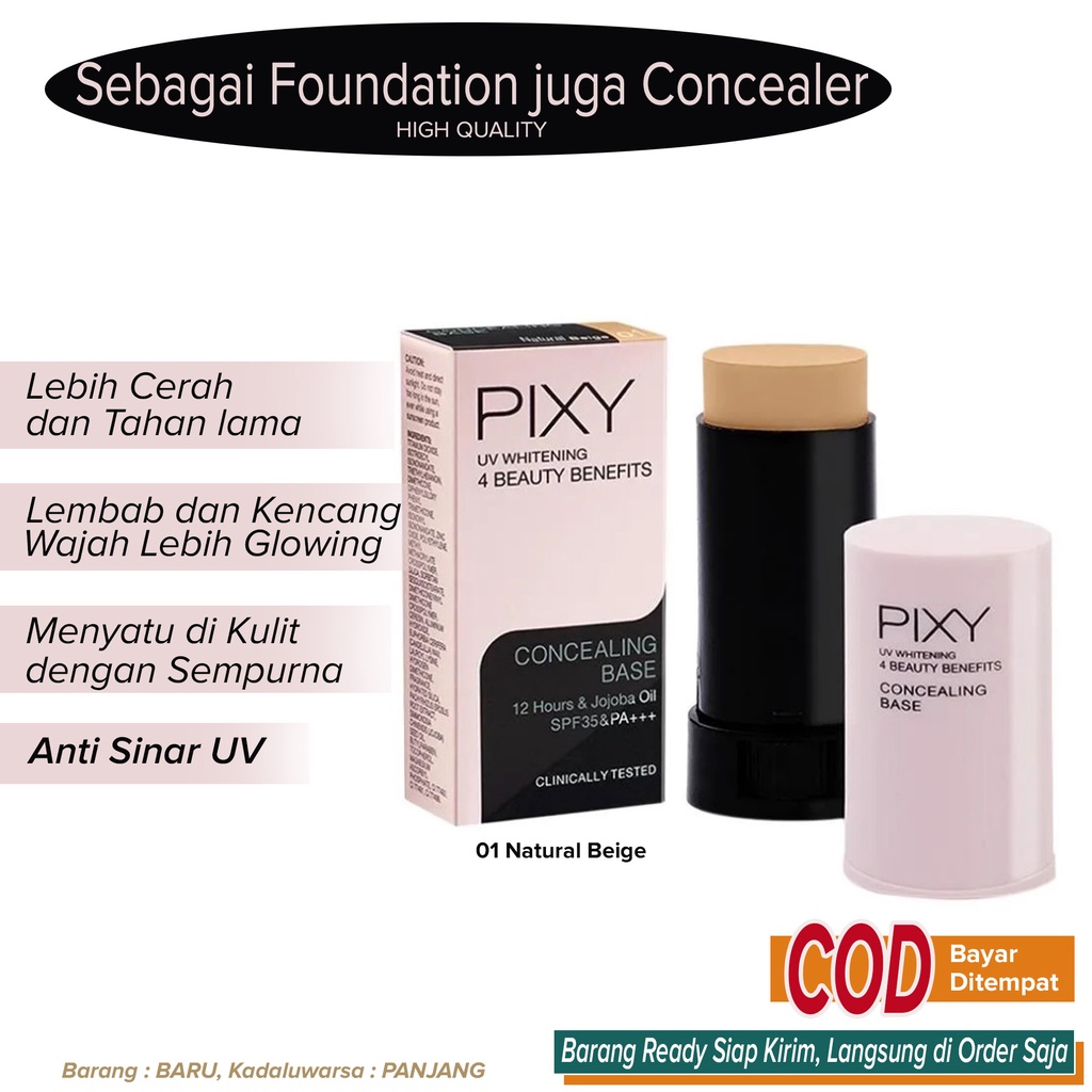 Foundation Alas Bedak Pencerah Penutup Pori pori Keriput Flek Hitam Bekas Jerawat Penghalus Pelembut Perata warna Kulit Wajah Lembut Halus Mulus Seharian ~ Pixy UV Whitening Concealing Base 01 Natural Beige