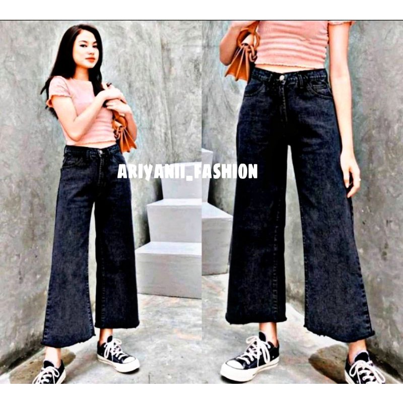 ARN - Celana Jeans Kulot Wanita Rawis Boyfriend Highwaist Denim Murah Cutbray Kekinian Korean Style