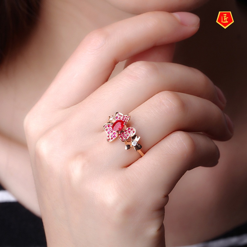 [Ready Stock]Fashion Elegant Rose Gold Flower Red Gem Ring