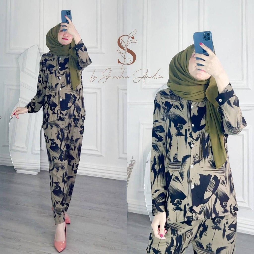 ONE SET PANJAMAS BUSUI || LD 105 -108 || STELAN WANITA || ONE SET RAYON MOTIF KEKINIAN-MACHA SET