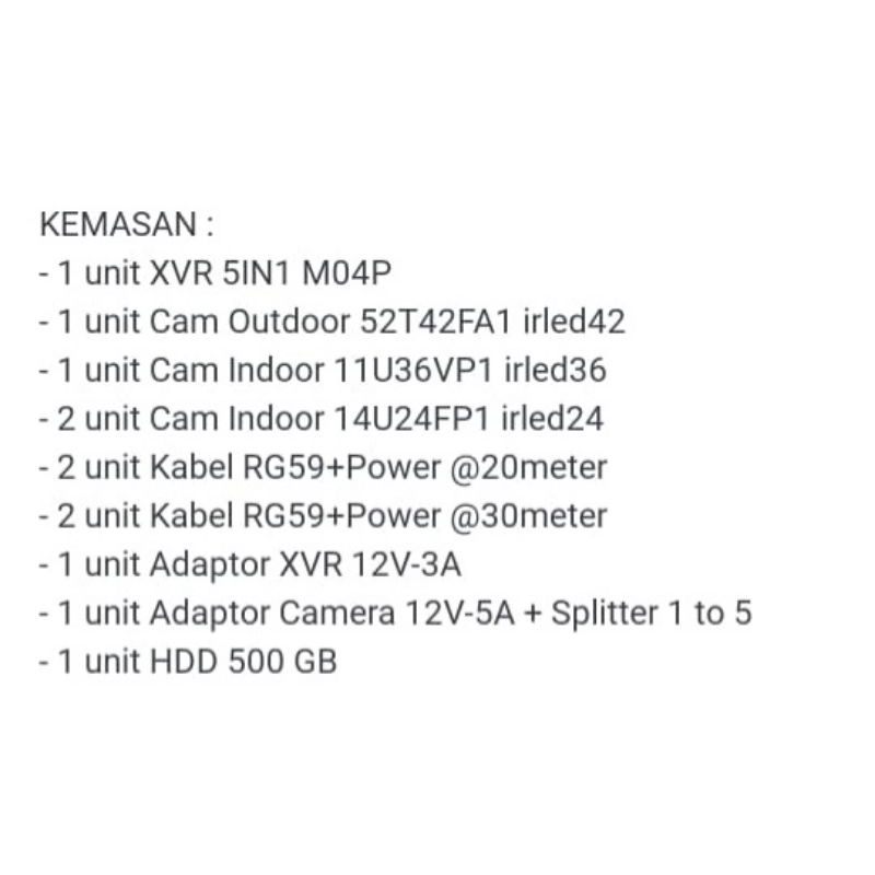 Paket CCTV XVR 4Channel, 4 Camera In/Outdoor, 4 Kabel RG59, Power, HDD 500gb, GARANSI 1 TAHUN