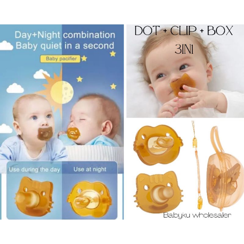 Empeng dot bayi silikon BPA FREE dengan rantai dan kotak 3in1 set