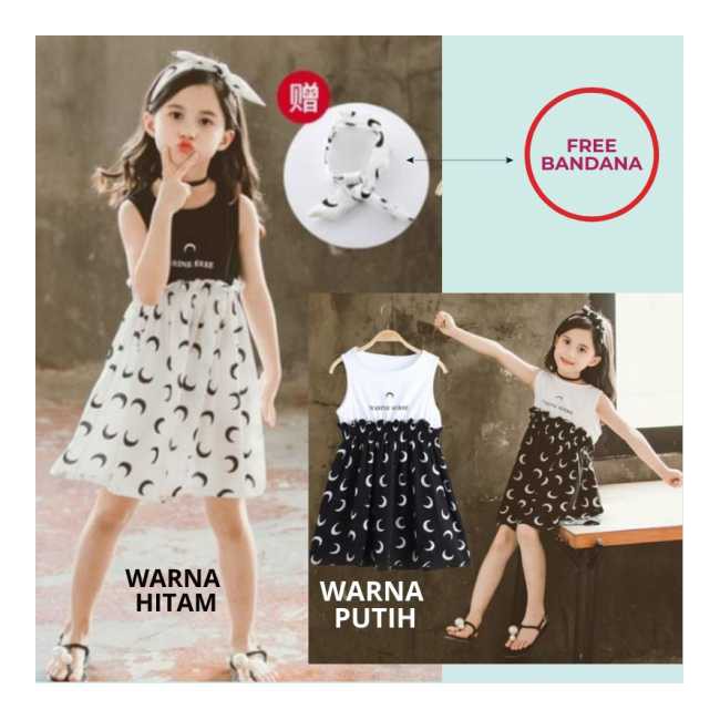 Dress Anak Warna Hitam Putih Motif Bulan Sabit Include Bandana Gaun Anak Impor Monochrome Thema