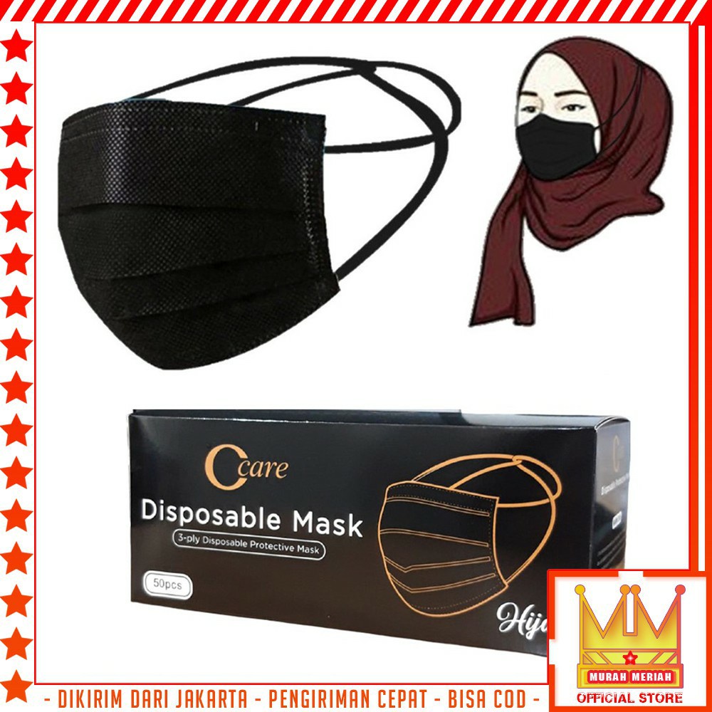 Masker 3ply hijab / headloop 1box 50pcs . harga tertera untuk 1box hitam