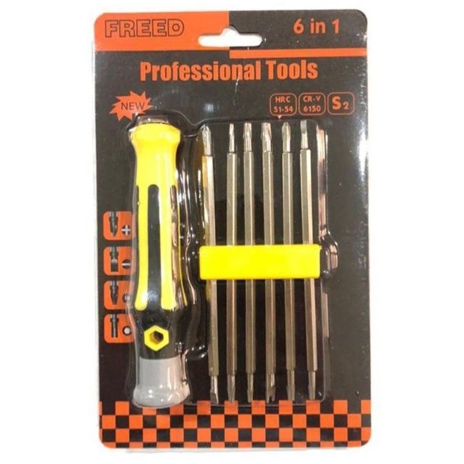 OBENG FREED 6 in 1 set untuk laptop hp ujung magnet mata plus + minus - bintang professional tools