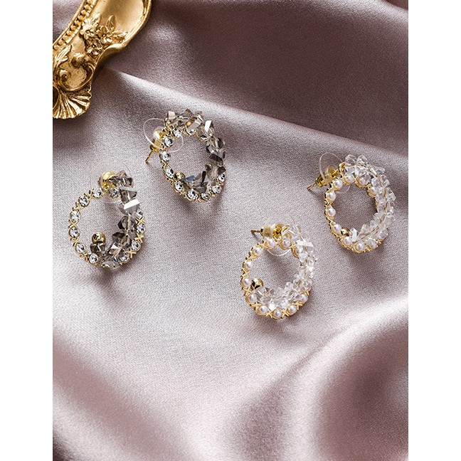 LRC Anting Tusuk Fashion A White Crystal Double Hoop Earrings With Diamonds D71051