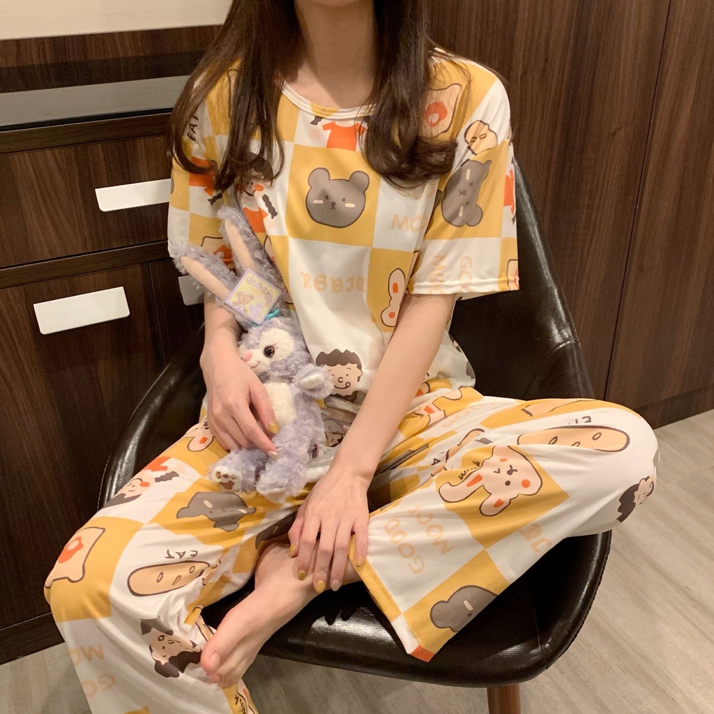 Baju Tidur Set Lengan Pendek Celana Panjang Wanita Setelan Piyama Cewek Baju Santai Rumah Perempuan Motif Karakter Import Korea Bahan Adem Lucu Murah Fashion Remaja Impor