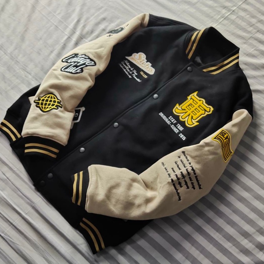 Jaket Varsity Baseball Full Bordir Pria Wanita Bahan Fleece Tebal Ukuran L XL XXL XXXL-Hitam